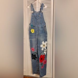 Floral printed jean overalls